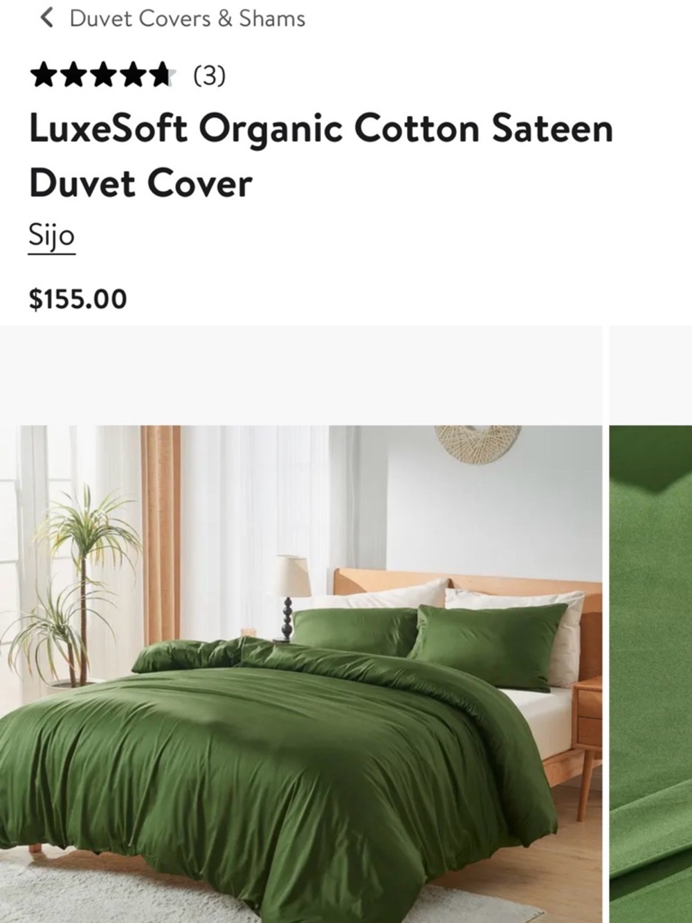 NEW Sijo LuxeSoft Organic Cotton Sateen Duvet Cover - Forest Green king/cal king